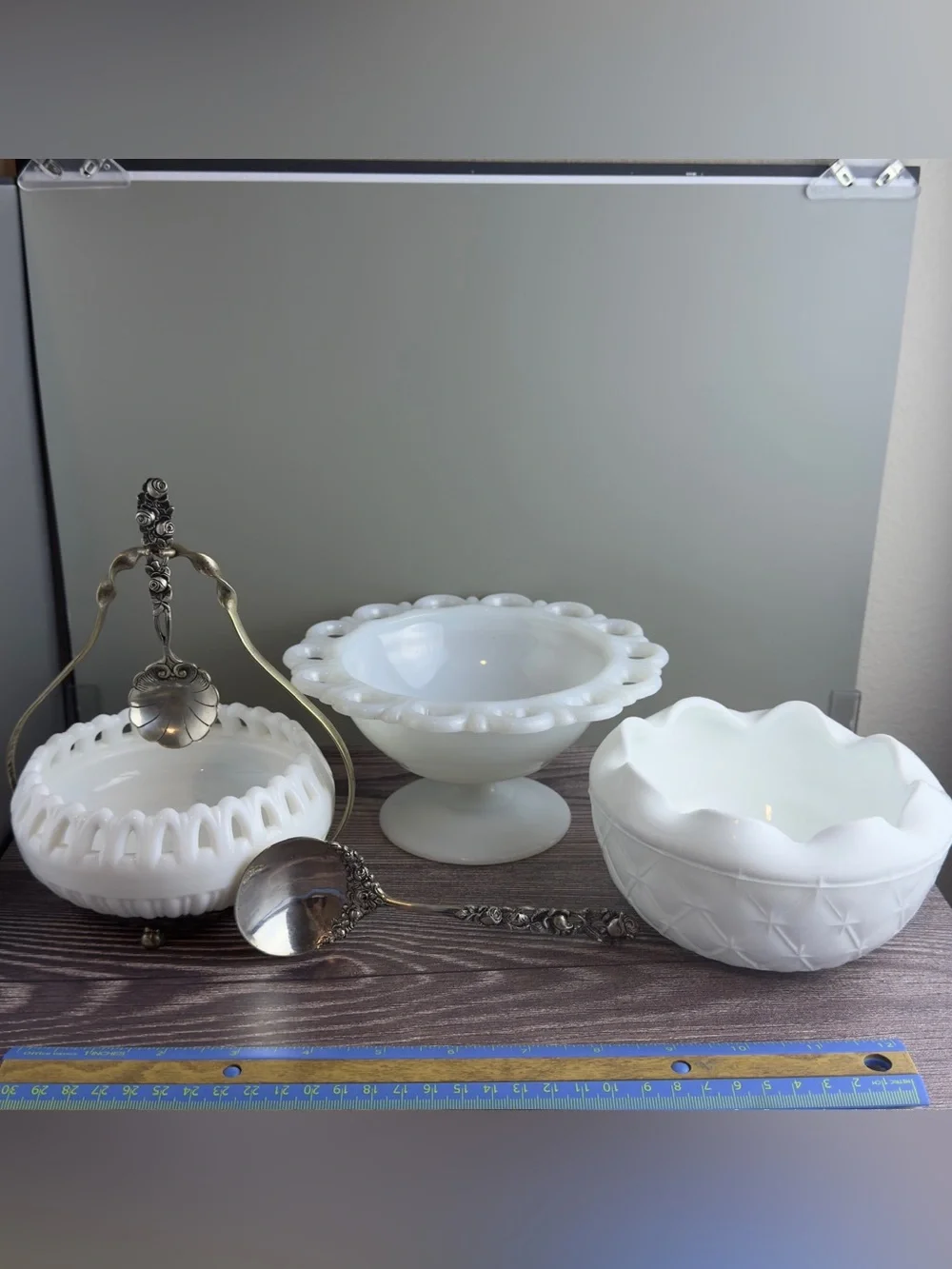 Vintage Milk Glass Lot + Silver Stand & 2 Silver Spoons – Elegant Serving Set